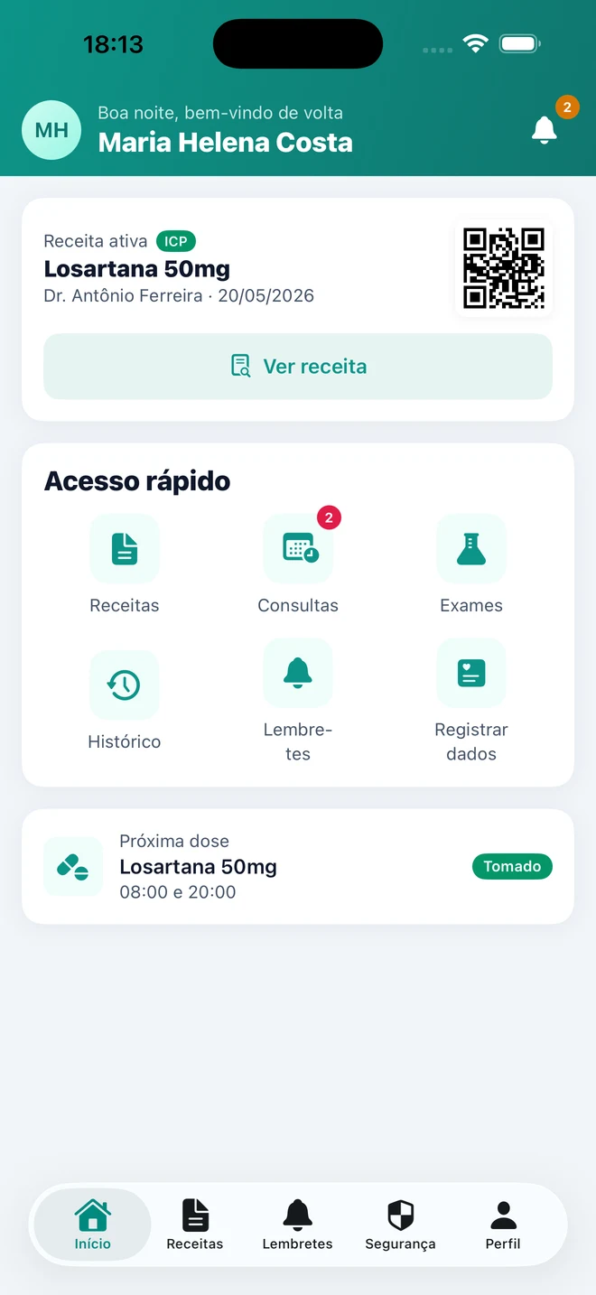 Tela inicial do Meu Prontuário no iPhone, com dados de demonstração